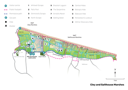 An illustrated map of Cley Marshes.