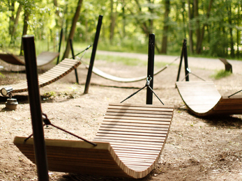 Small, low down wooden hammocks in a woodland