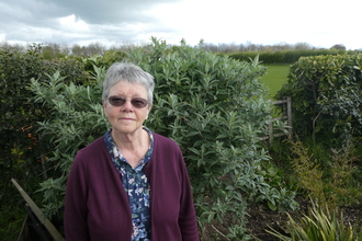 A photo of Di at a reserve. She has short grey hair and is wearing tinted glasses. There are hedges and green grass in the background and it is cloudy overhead. 