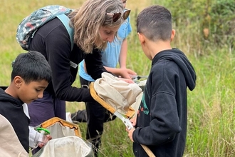 An NWT team member leans over a net while a boy holds it and looks into it, while another boy stands in front of them looking into another net, as they look for bugs at a nature reserve.