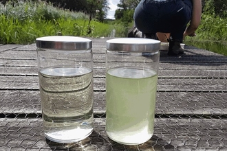 Two jars of water sit beside each other on a boardwalk. The water in the left jar is clear, while the water in the right jar is cloudy