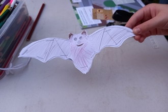 A paper bat cutout, coloured in with coloured pencil