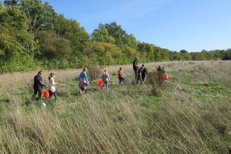 Children heading off into a field clutching orange buckets