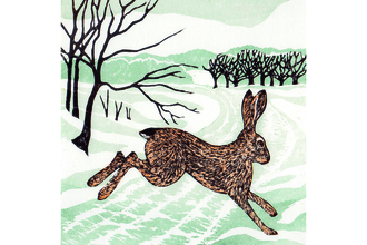 A linocut brown hare leaps over a snowy track framed by brown skeletal trees