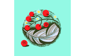 Linocut bright red berries, yellow stars and a single feather are arranged in a circle against a bright blue background