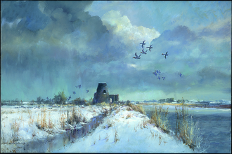 A painted flock of wigeon fly over a grey and cloudy sky. The ground is snowy. In the background, an old circular building sits beside a river.