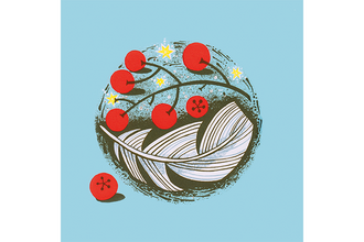 Linocut bright red berries, yellow stars and a single feather are arranged in a circle against a bright blue background