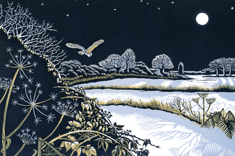 A lino print barn owl glides over snowy fields at night