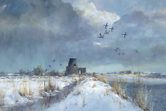 A painted flock of wigeon fly over a grey and cloudy sky. The ground is snowy. In the background, an old circular building sits beside a river.