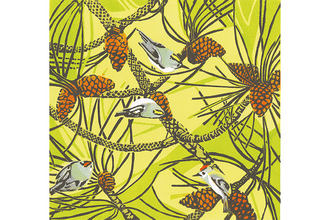 Linocut goldcrests and firecrests climb a pine tree against a bright green background