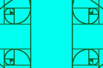 a symmetrical pattern of green curved lines and shapes on a turquoise background