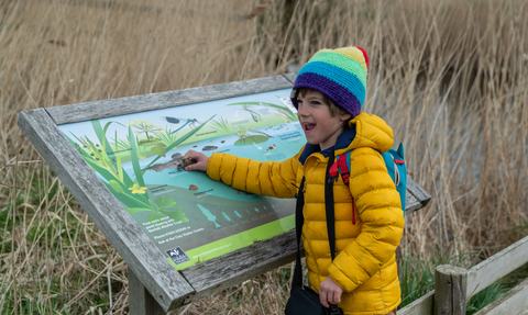 A child is smiling whilst looking at an interpretation board about pond dipping