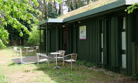 The moss-topped visitor cenre at Weeting heath on a sunny day with tables and chairs outside it