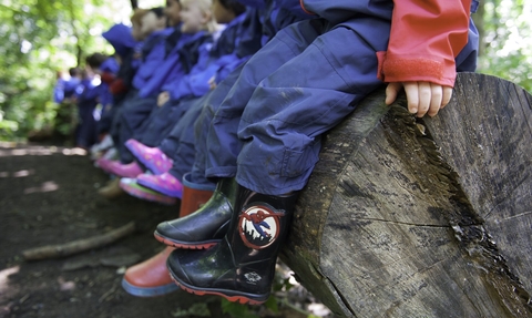 A line of young children's legs and welly boots are seen, as the children sit on a log wearing waterproof clothing