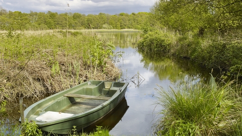 A little green boar moored up at Alderfen Broad 