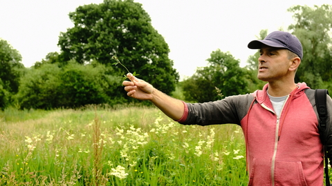 Our ambassador Nick Acheson is holding a piece of grass as he hosts a wildflower walk at Sweet Briar Marshes