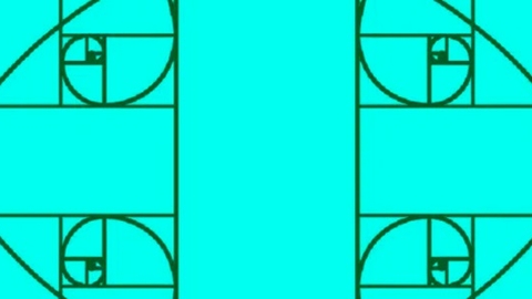 a symmetrical pattern of green curved lines and shapes on a turquoise background