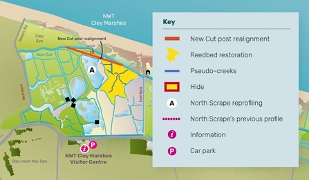 A graphic of a map showing the Cley Marshes New Cut location