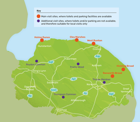 A map of Norfolk pointing out sites that are available for education visits
