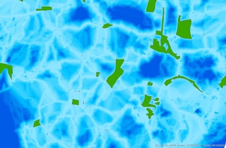 A blue map with green boxes on it. 