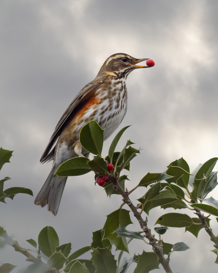 A rewind on a holly branch with a red berry in its beak and heavy grey clouds in the background