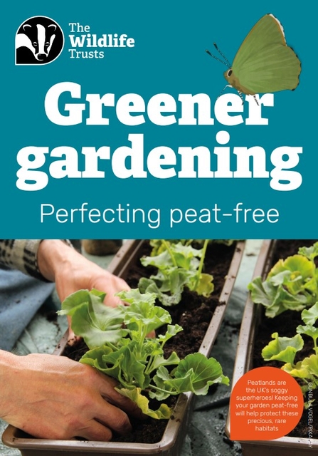 A booklet about peat-free gardening, with an image of some hands planting a small green plant in soil