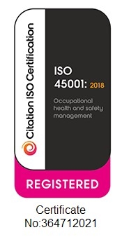 A white, black and pink logo for ISO