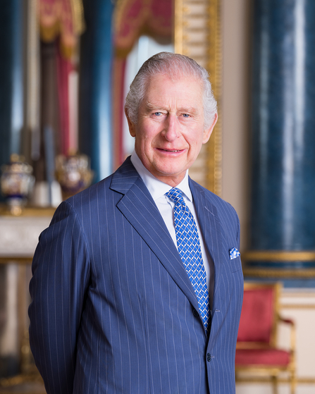 King Charles III smiling in a portrait photo, wearing a navy suit