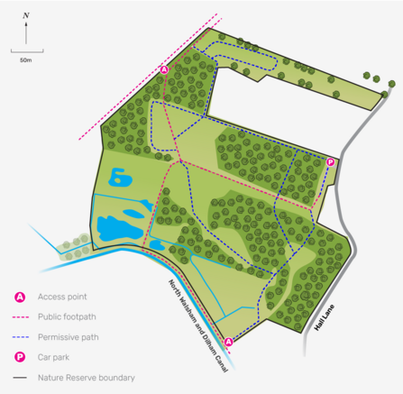 An illustrated map of Pigneys Wood nature reserve