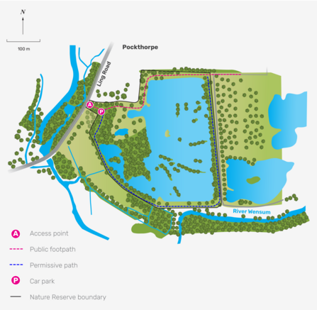 Illustrated map of Sparham Pools nature reserve