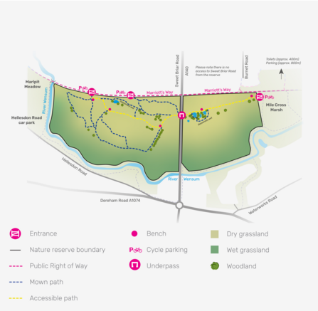 Illustrated map of Sweet Briar Marshes nature reserve