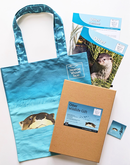 An tote bag decorated with an otter illustration is displayed with an otter magnet and otter fact sheet