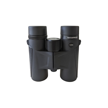 A pair of black binoculars with the word waterproof printed near the eye cup