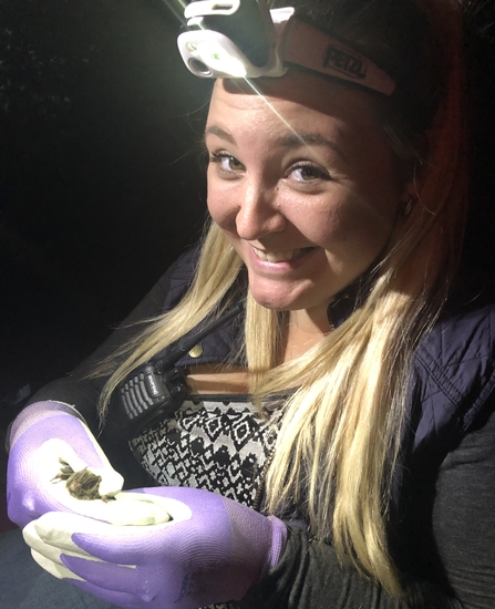 Holly is wearing gloves and a head-torch and is holding a tiny bat!