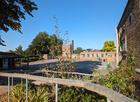 A school playground surrounded by brick buildings and plants, under a clear blue sky