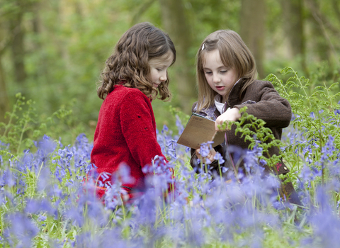 Two young girls study a wildlife spotting book amidst many bluebells