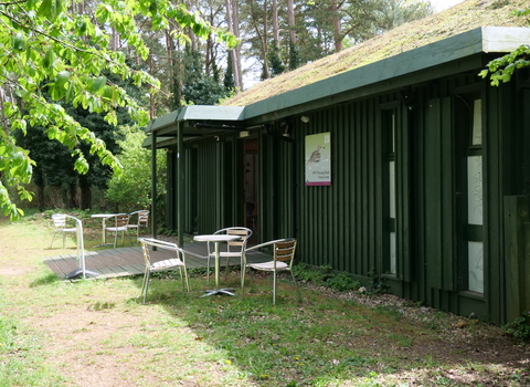 The moss-topped visitor cenre at Weeting heath on a sunny day with tables and chairs outside it