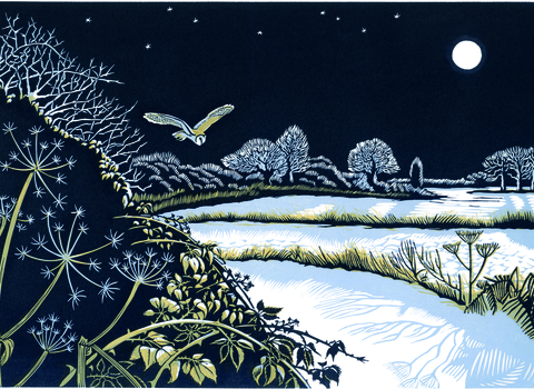 A lino print barn owl glides over snowy fields at night