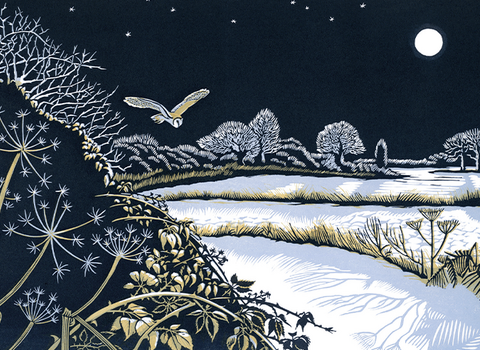 A lino print barn owl glides over snowy fields at night