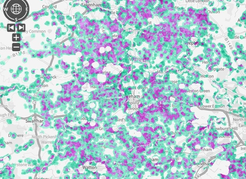 Map of Norfolk with turquoise and purple markings showing the eligible areas for Natural England's DLL funding for 